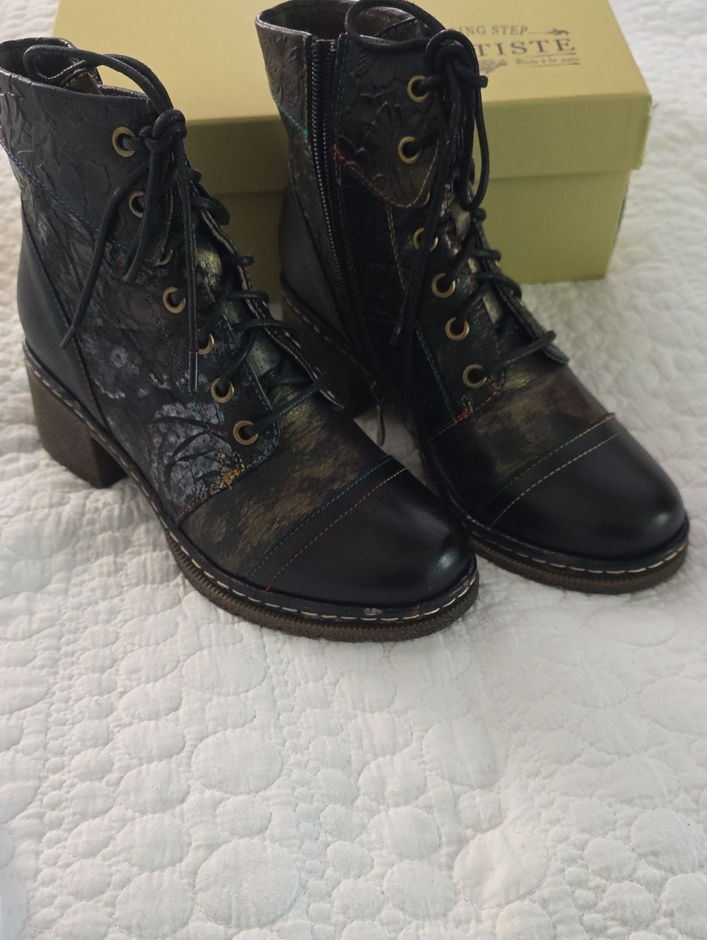Textured Black Lace-Up Ankle Boots with Stacked Heel (NWOT)